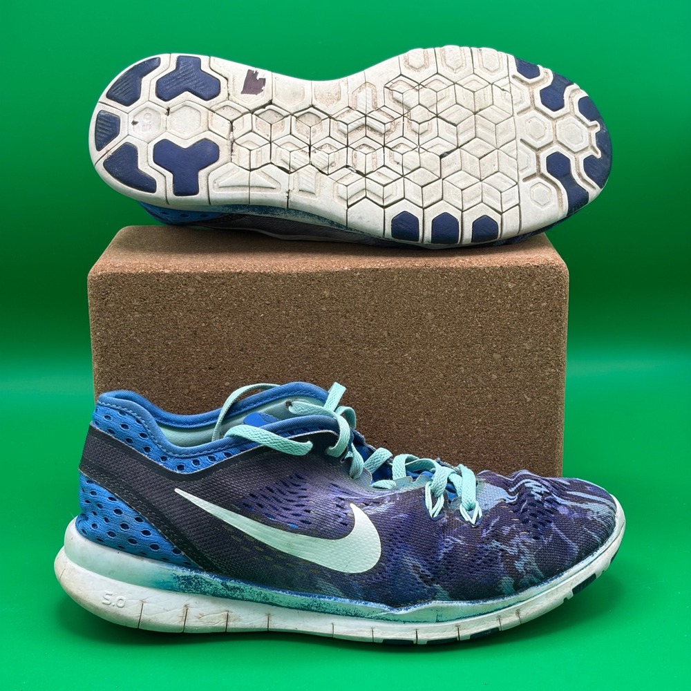 Nike Free 5.0 TR Fit Print Gym Shoes Womens 6 Blue Camo Cross Training Sneakers